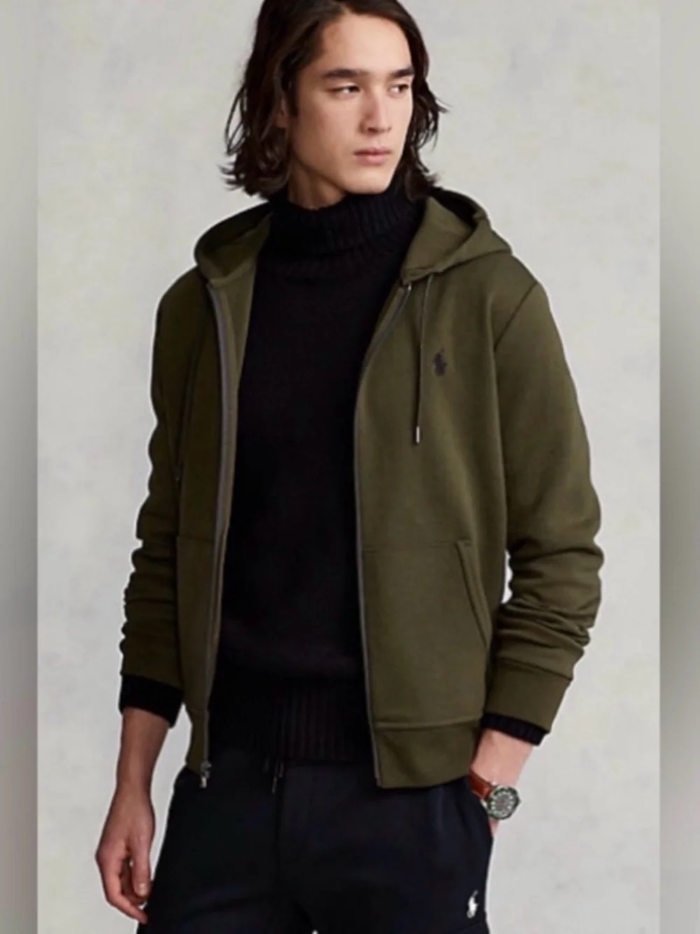 Polo Ralph Lauren Men's Large Double Knit Full Zip Hoodie Olive Green - Picture 1 of 6